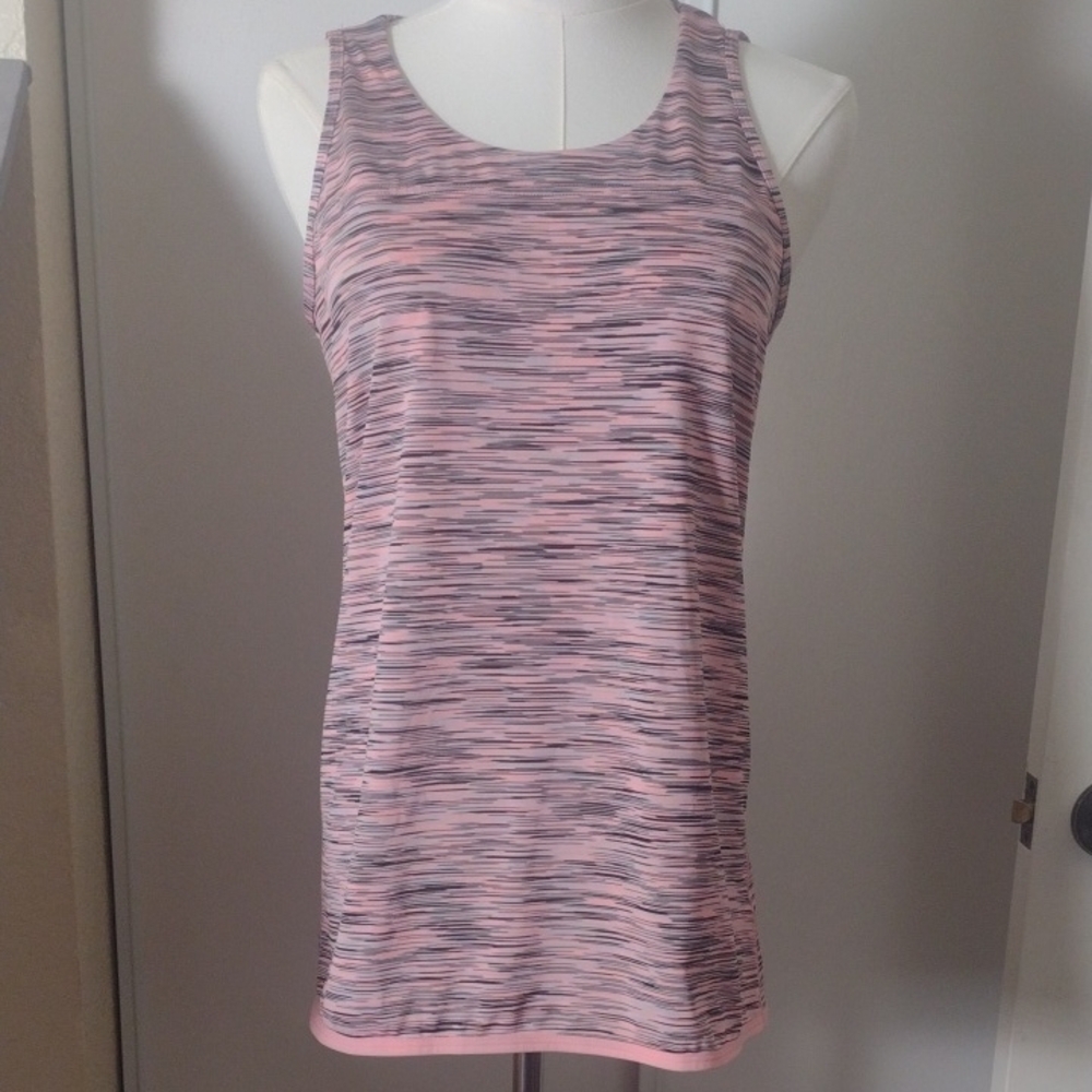 Women's Small Tek Gear Pink Gray Brown Striped Racerback Performance Tank Top